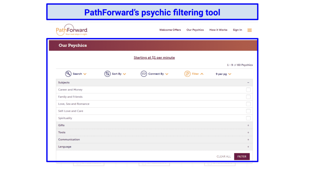 Screenshot of Path Forward's roster of psychics