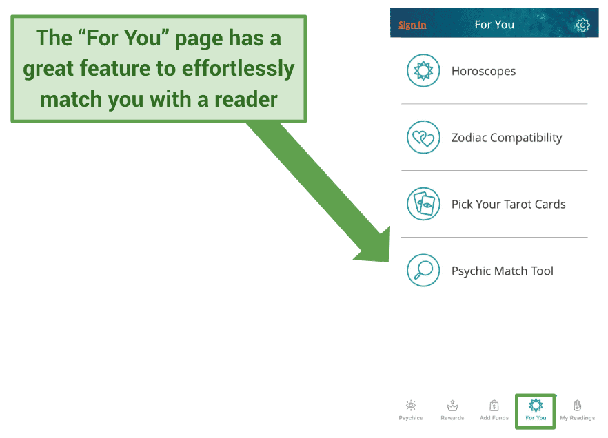 Graphic of the "For You" page on the California Psychics’ app