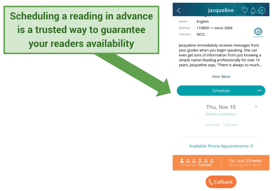 Graphic from the schedule feature on the California Psychics’ app.