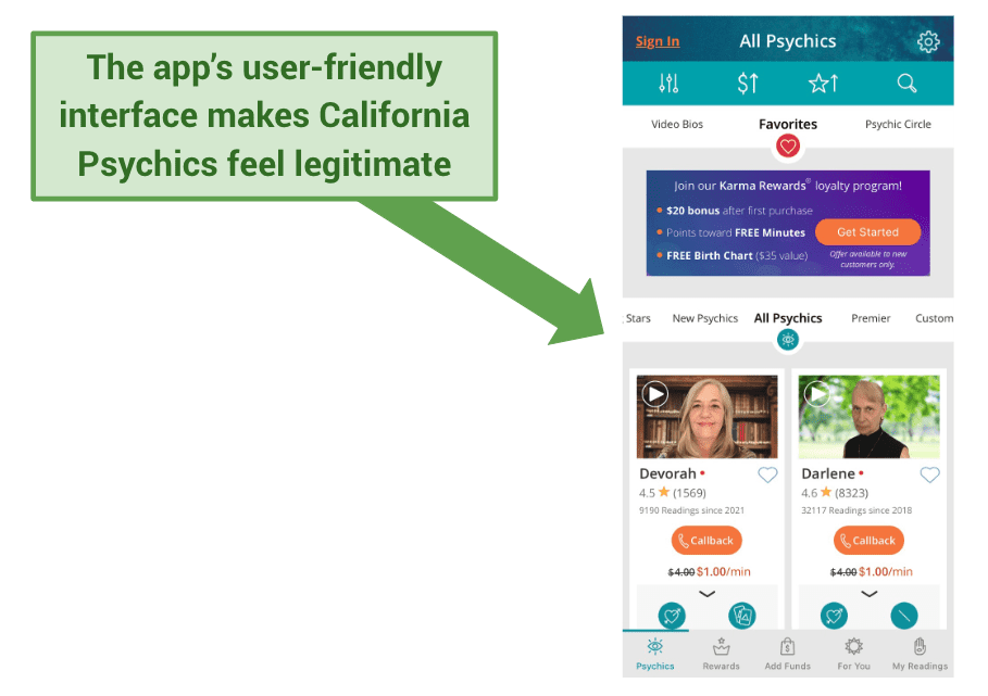 Graphic of California Psychics’ home page on its app