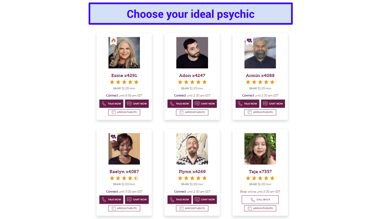 Screenshot of Path Forward's roster of psychics