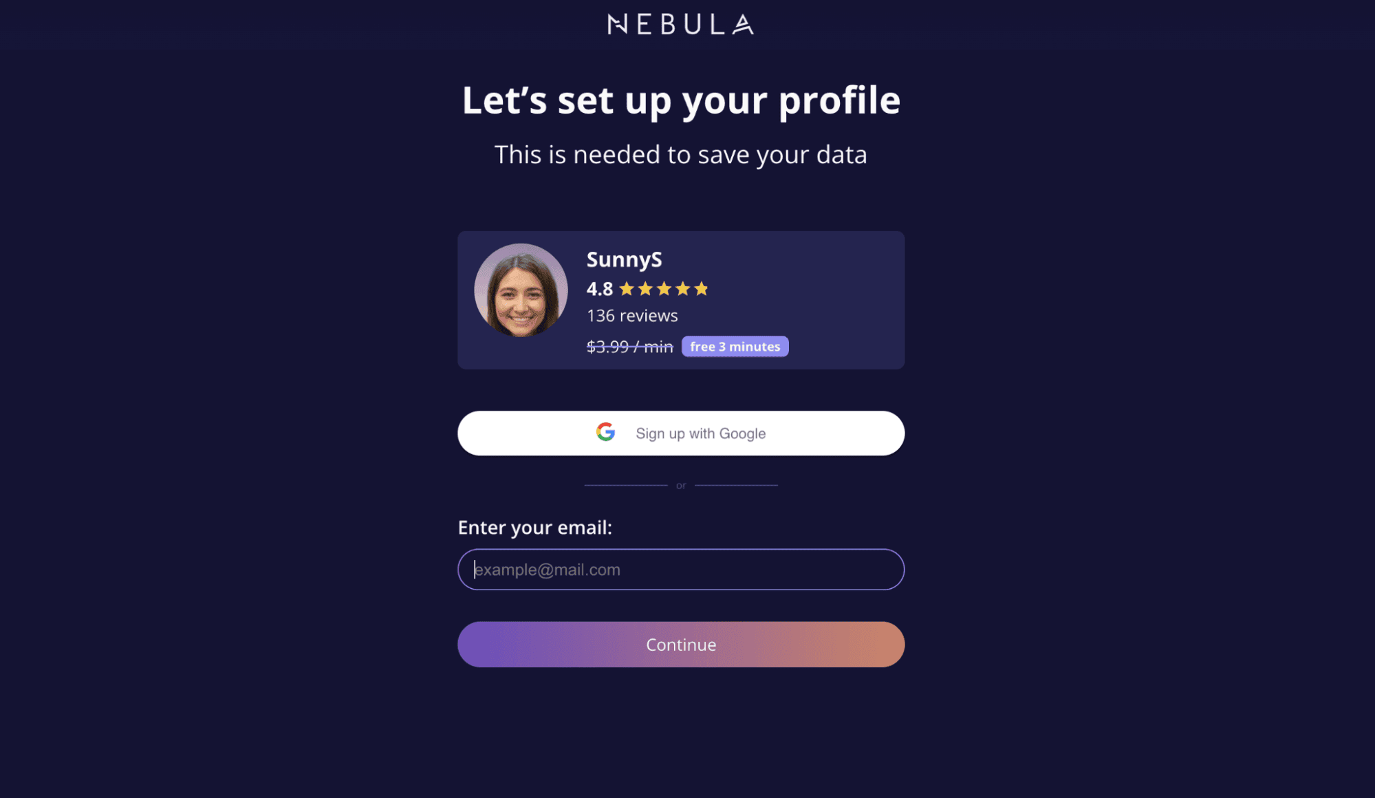 screenshot of a selected psychic with prompt to enter email 