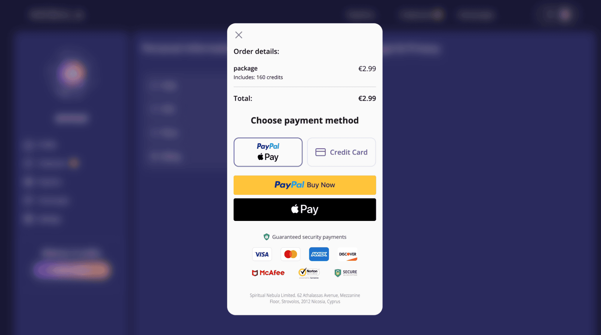 Screenshot of Nebula's payment screen