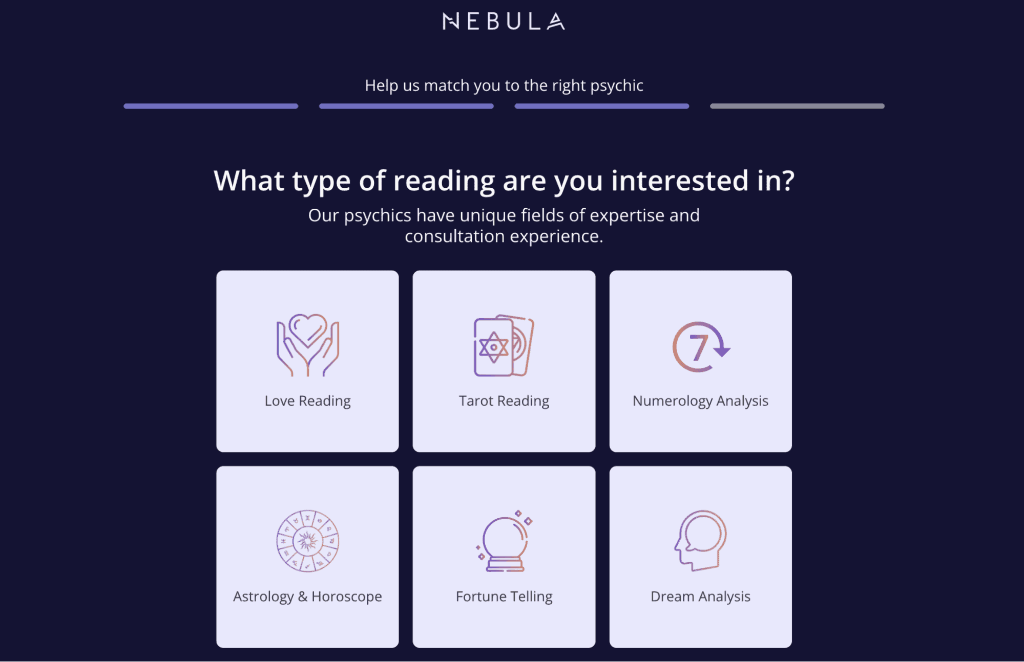 screenshot of Nebula's sign up quiz