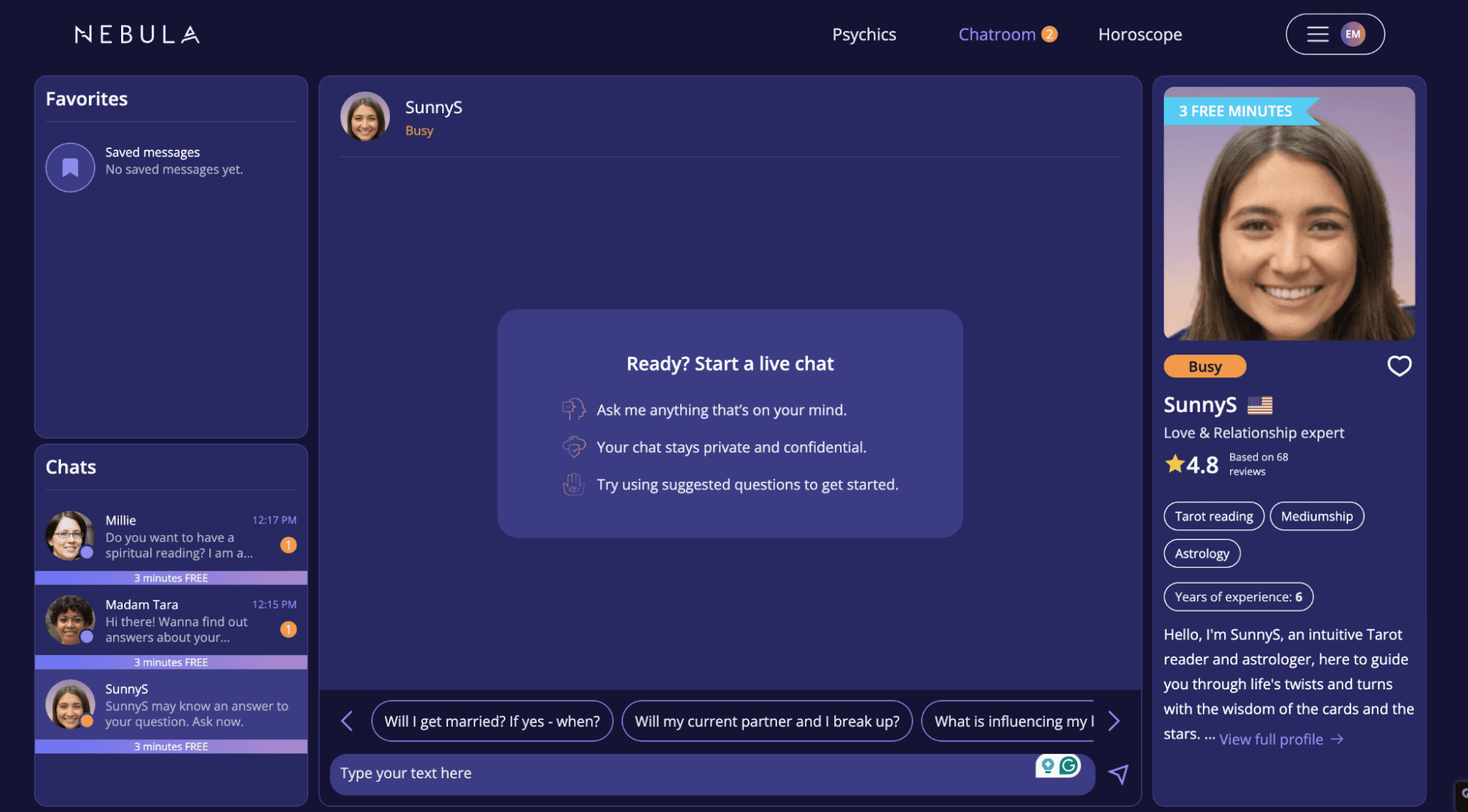 screenshot of Nebula's chatroom page